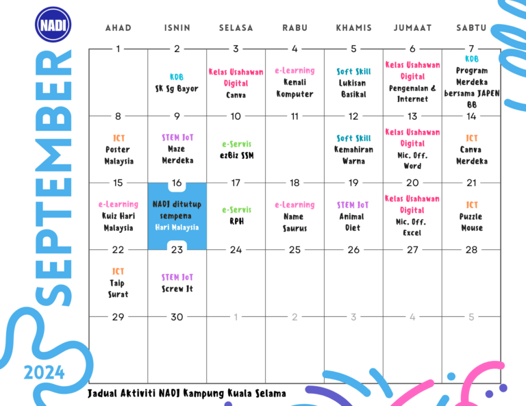 JADUAL AKTIVITI SEPTEMBER 2024 NADI KG KUALA SELAMA